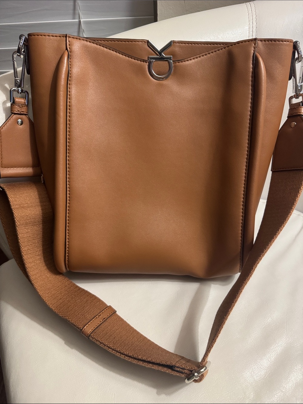 Calvin Klein Cognac Leather Shoulder Bag with Wide Strap